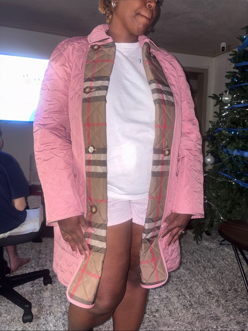 Burberry Pink Quilted Women's Coat with Contrast Plaid Lining